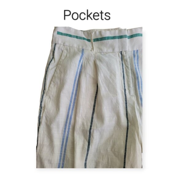 Ann Taylor Cream Blue Green Striped Wide-Leg Linen-Blend Pants Size 12 - Picture 4 of 15